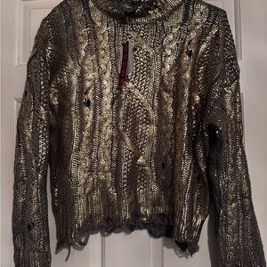 Metallic Cable Knit Distressed Sweater